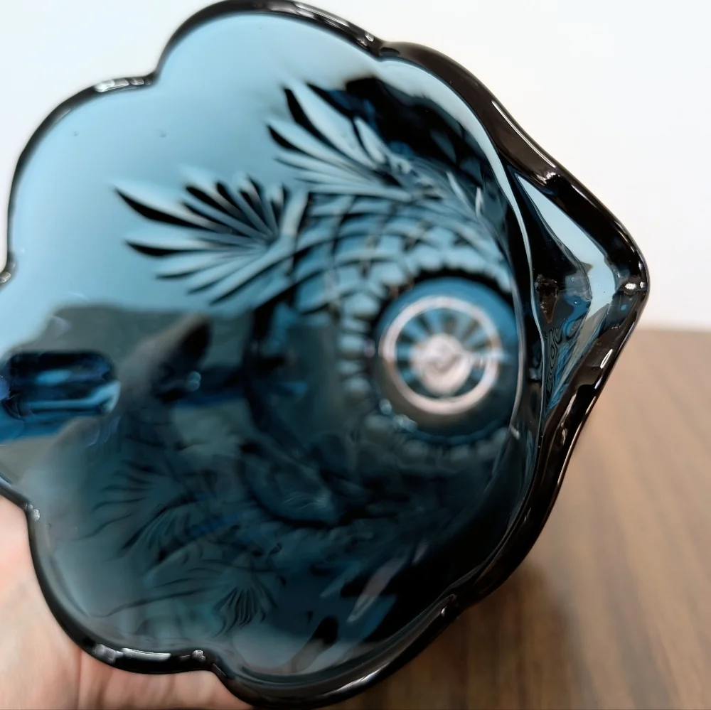 Jeffrey Banks Dark Blue Cut Crystal Pitcher Scalloped Edges Shannon By Godinger